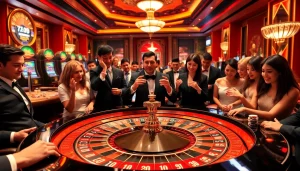 Players enjoying a luxury casino experience at 5z7776 com with Roulette and poker tables.