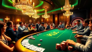 KJC poker table scene illustrating high-stakes gameplay with chips, cards, and a roulette wheel.