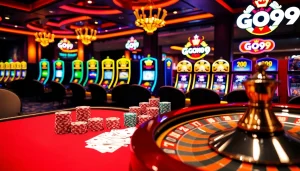 Experience the excitement of GO99 while playing poker with colorful chips in a luxurious casino.