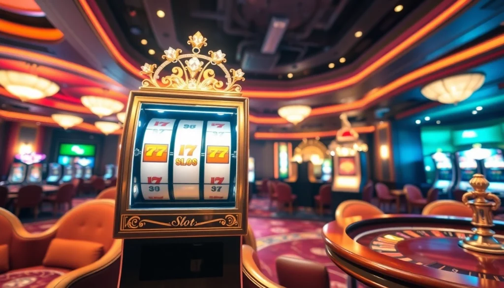 Spin the hz88 slot machine surrounded by glamorous casino elements and vibrant décor.