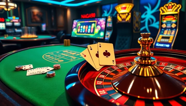 Naga99 online casino scene featuring poker chips, cards, and roulette wheel with vibrant interface.