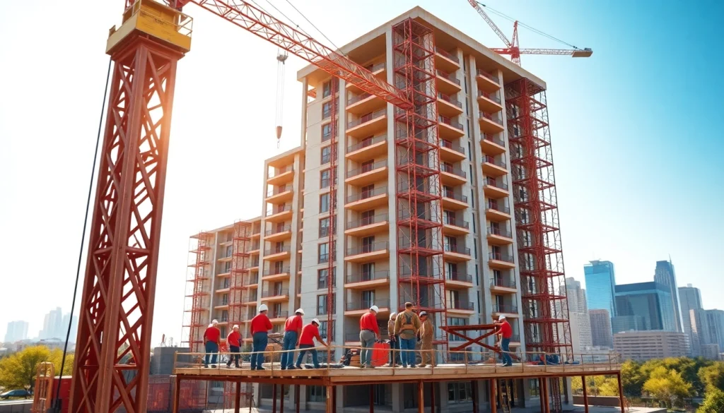 Austin construction site showcasing a diverse team working efficiently on a mid-rise project against the skyline.
