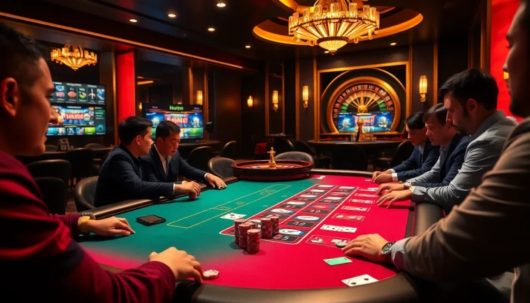 Nohu90 players engaging in an intense poker game surrounded by casino excitement.