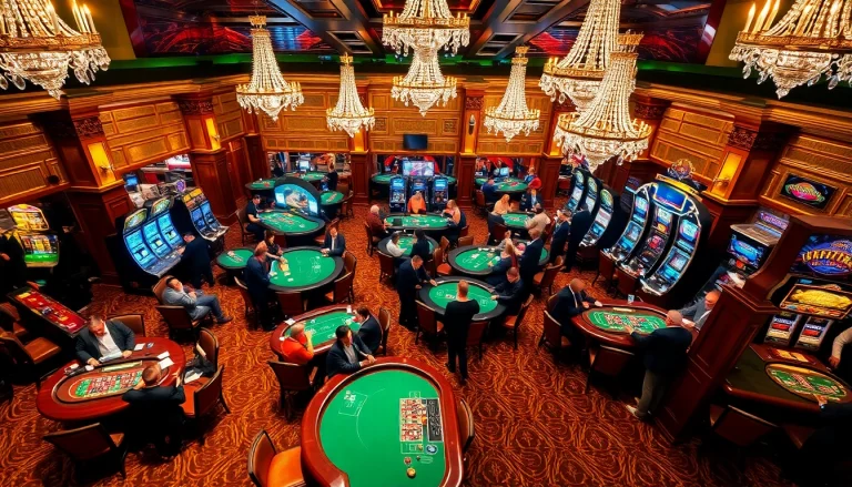 Players enjoying casino games at uu88, surrounded by vibrant slot machines and card tables.