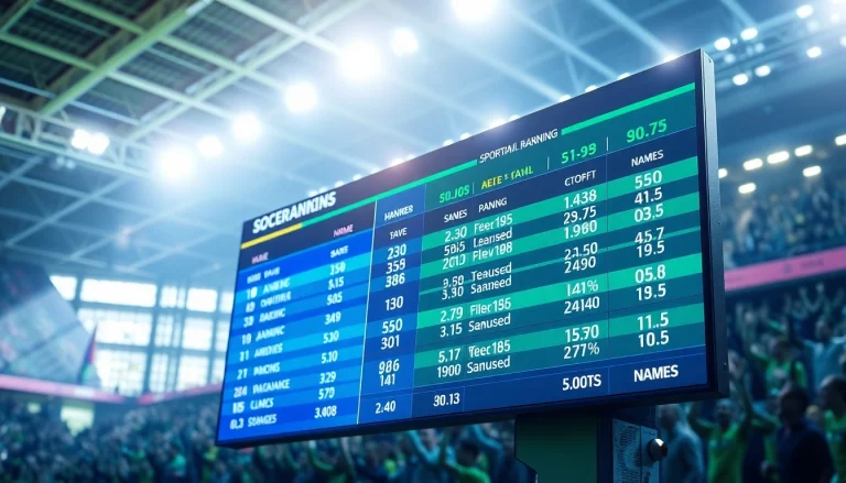 Rankings in ตารางคะแนน showcased on an energetic soccer scoreboard amid cheering fans.