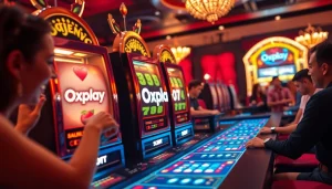 Spin the Oxplay slot machine surrounded by enthusiastic gamblers and colorful chips in a vibrant casino.