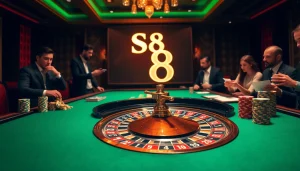 S8 logo shines over a vibrant casino scene with roulette, chips, and excited players.