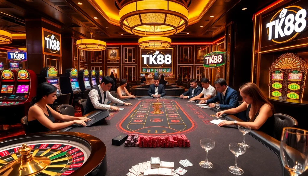 Players enjoy high-stakes poker at a luxurious casino setting with TK88 branding prominently displayed.
