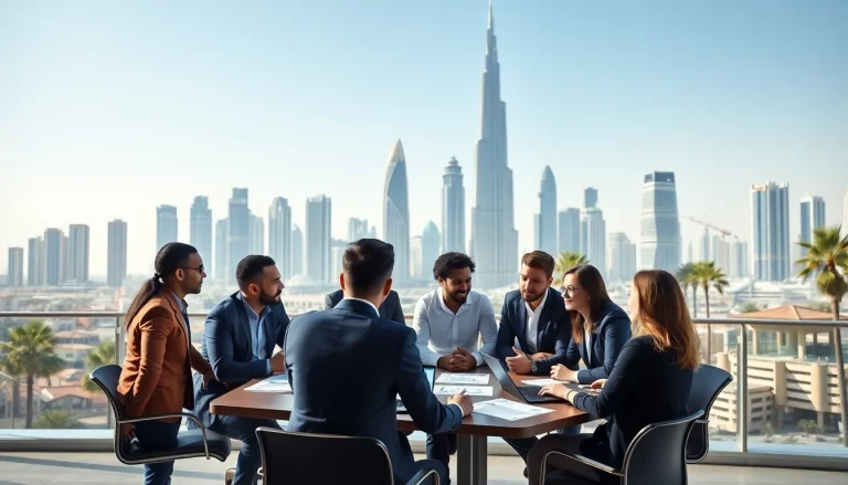Visualizing business setup in Dubai with diverse entrepreneurs collaborating and modern city backdrop.