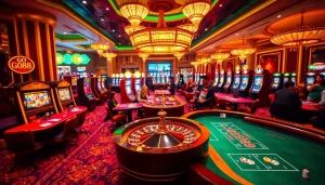 Players enjoying a thrilling game at the GO88 casino, surrounded by vibrant slot machines and poker tables.