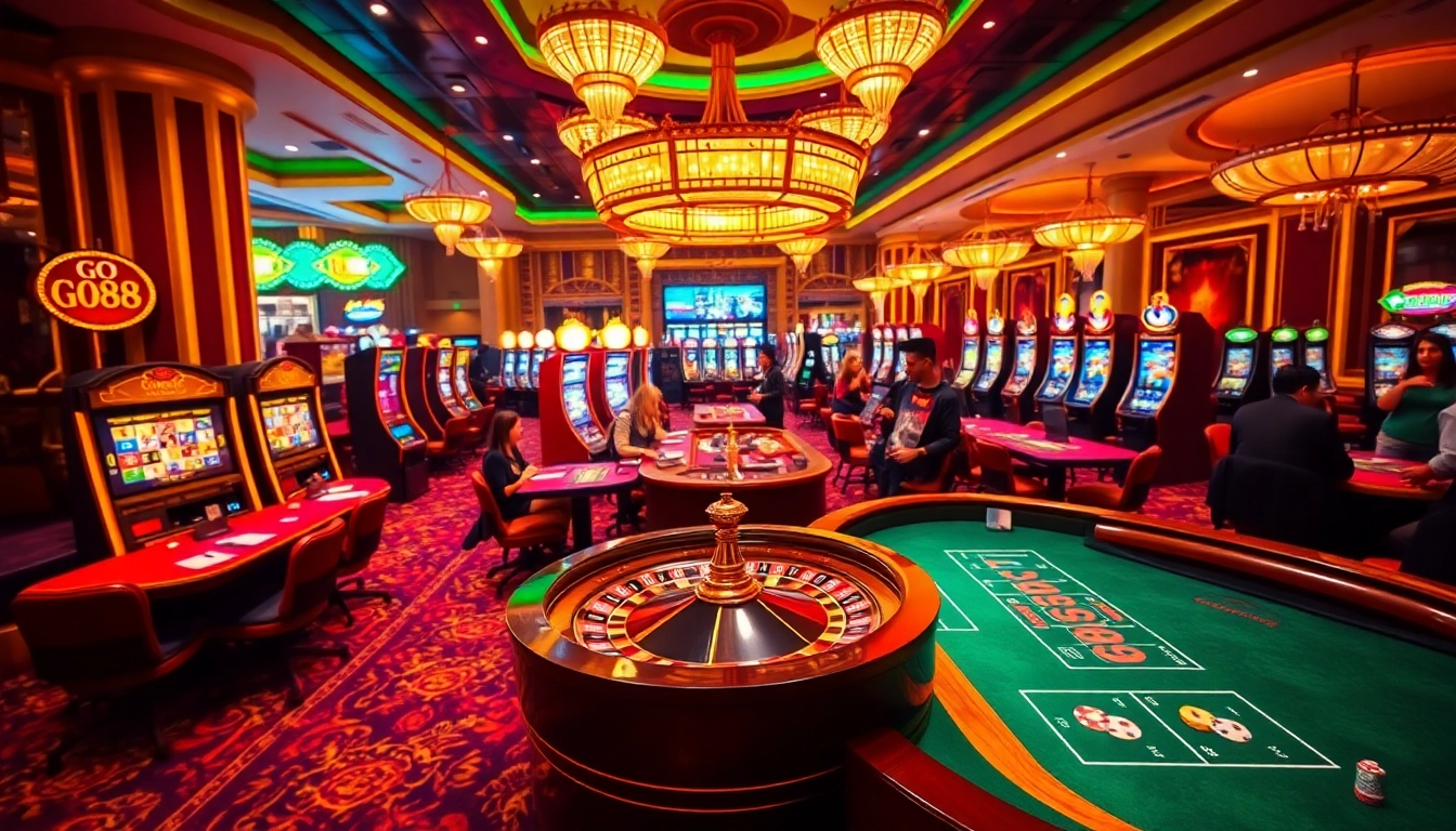 Players enjoying a thrilling game at the GO88 casino, surrounded by vibrant slot machines and poker tables.
