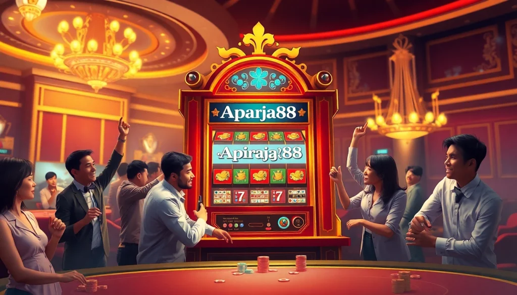 Excited players engaging with the slot online apiraja88 machine in a vibrant casino setting.