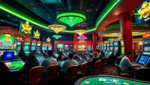 Experience the thrill of 98win Casino with vibrant gaming scenes and engaging players in a modern setting.