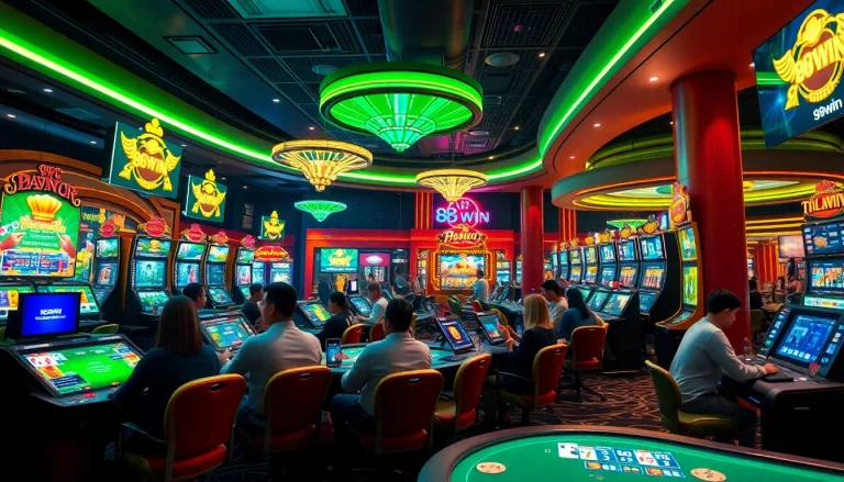 Experience the thrill of 98win Casino with vibrant gaming scenes and engaging players in a modern setting.