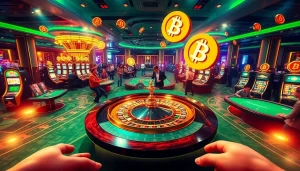 Excited players enjoying the atmosphere of the best crypto casinos with roulette and slot machines.
