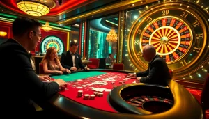 Trải nghiệm hành động chơi game đầy hồi hộp tại 24kclub cùng người chơi tại bàn poker, thể hiện sự sang trọng và phấn khích.