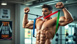 Dynamic demonstration of assisted pull-up bands in a modern gym setting.