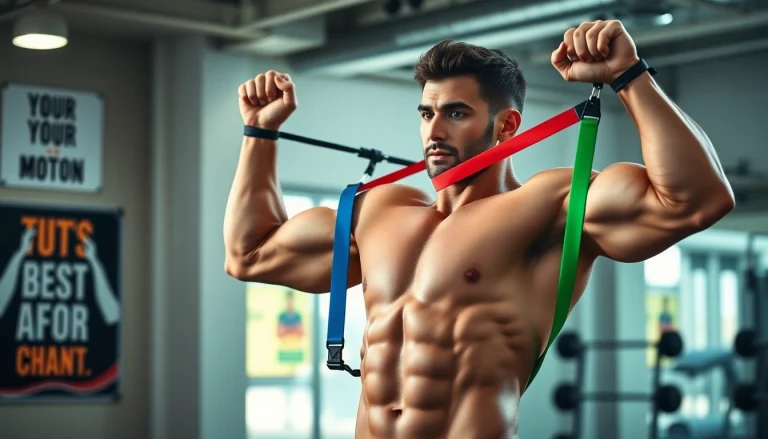 Dynamic demonstration of assisted pull-up bands in a modern gym setting.