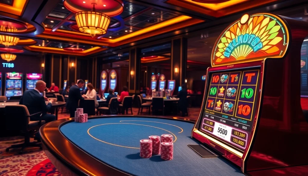 Gamble big with TT88-inspired slot machine amidst vibrant casino excitement.