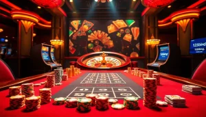 Exciting casino scene at https://123b.ing/ showcasing players at a poker table with vibrant chips and a roulette wheel.