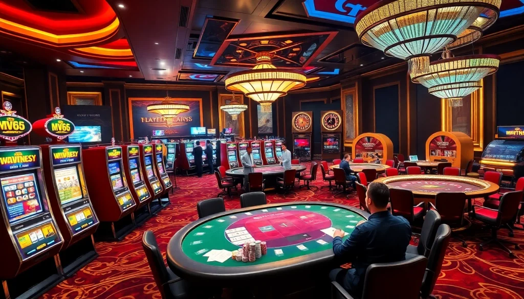 Players enjoy a thrilling poker game at MV66.com casino, surrounded by vibrant slot machines.