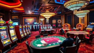 Players enjoy a thrilling poker game at MV66.com casino, surrounded by vibrant slot machines.