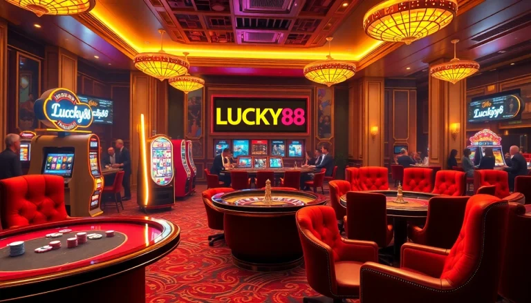 LUCKY88 online gambling scene with luxurious tables, vibrant slot machines, and an inviting atmosphere.