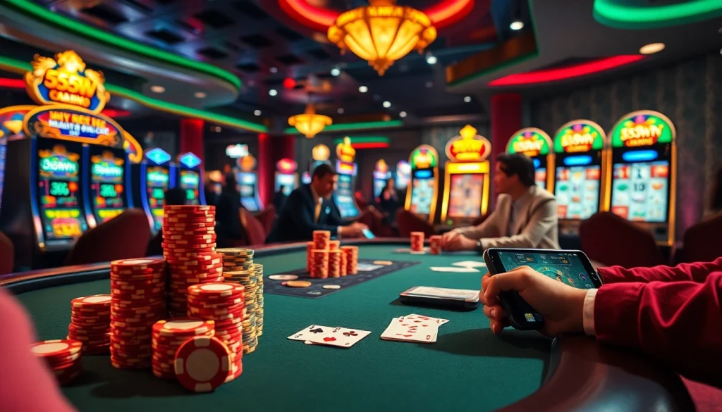 Engaging players in a thrilling poker game at 555win com's luxurious casino setting, showcasing vibrant chips and cards.