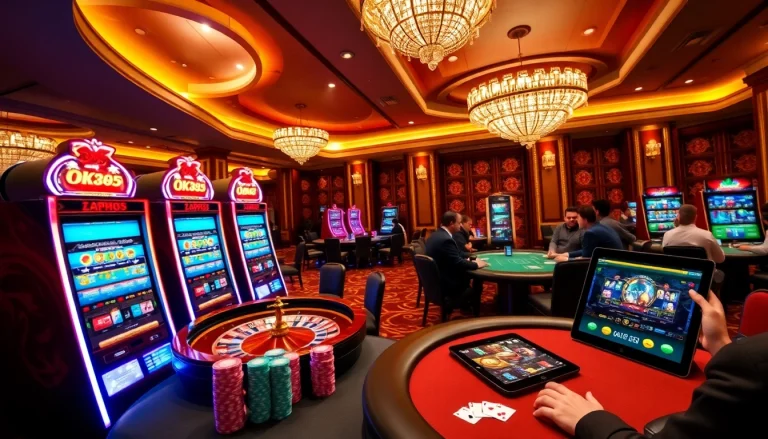 Exciting online gambling scene at OK365 with vibrant slots and engaging poker tables.