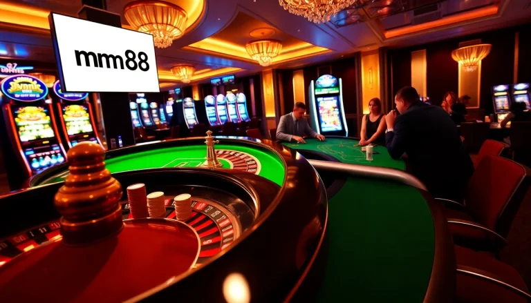 Experience the thrill of mm88 at a luxurious casino table with vibrant chips and glowing screens.