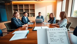 Attorneys discussing a personal injury claim in a professional legal office setting.