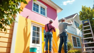 Professional painters applying vibrant colors to a residential home during a sunny day.