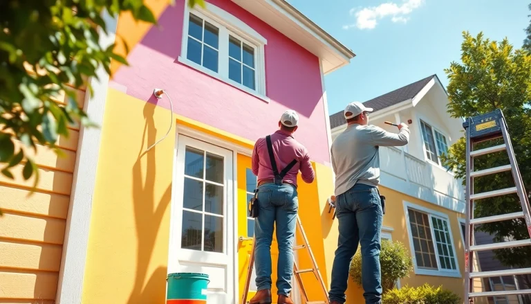 Professional painters applying vibrant colors to a residential home during a sunny day.