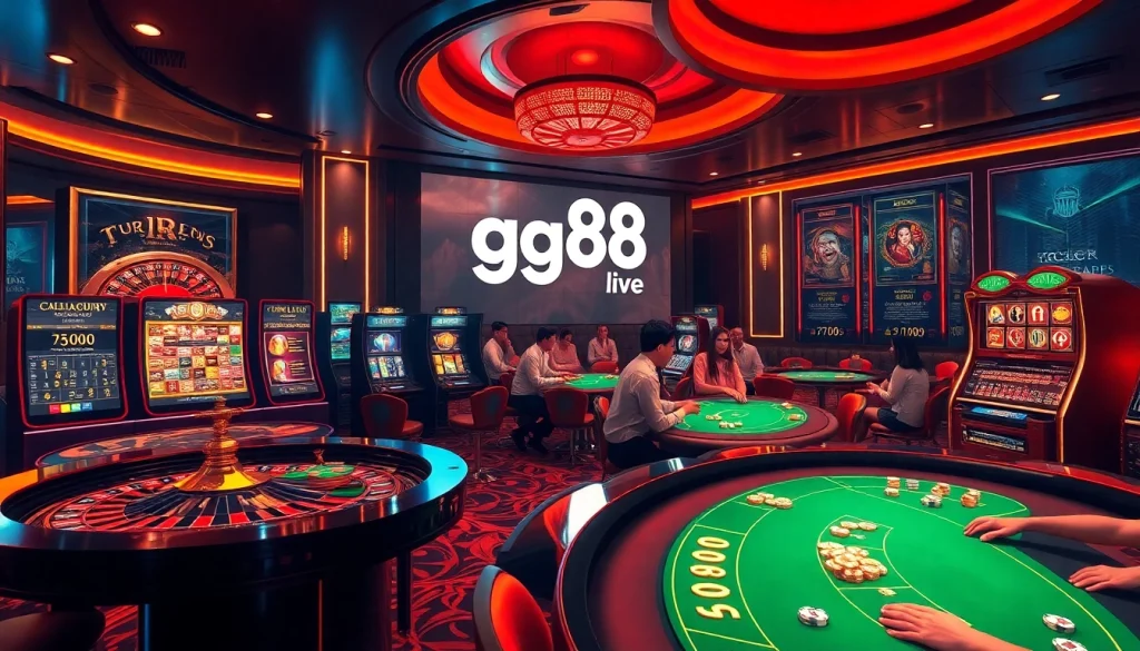 Engage with the excitement of gg88 live gaming at a luxurious online casino interface featuring vibrant slot machines and poker tables.