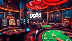 Engage with the excitement of gg88 live gaming at a luxurious online casino interface featuring vibrant slot machines and poker tables.