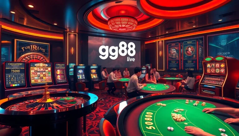 Engage with the excitement of gg88 live gaming at a luxurious online casino interface featuring vibrant slot machines and poker tables.