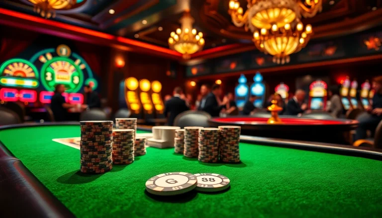 Gambling enthusiasts engage in a high-stakes poker game at a luxurious table featuring GK88 chips.