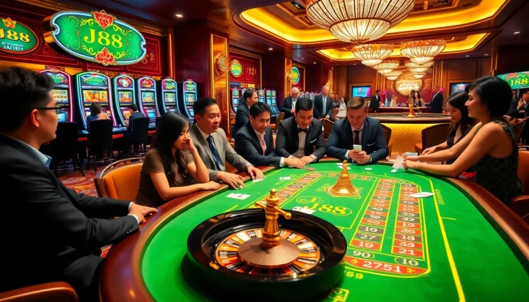 Players at the lively J88 casino table strategizing and enjoying high-stakes gaming.