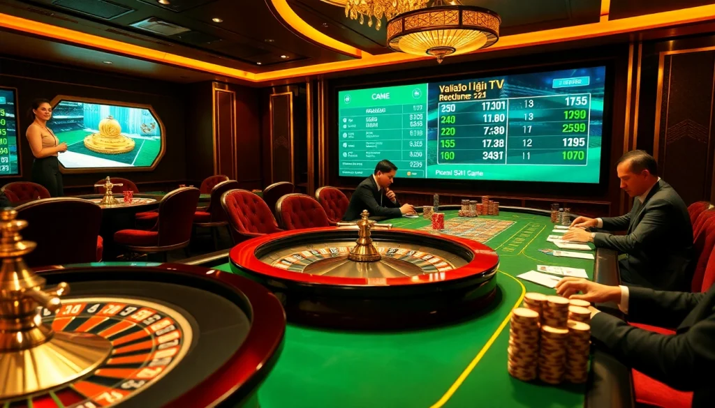 Action-packed gambling scene featuring Vào lưới TV gaming elements, roulette, and poker excitement.