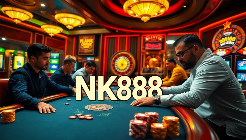 Engaging players compete at a vibrant poker table in a stylish casino scene featuring NK88 branding.
