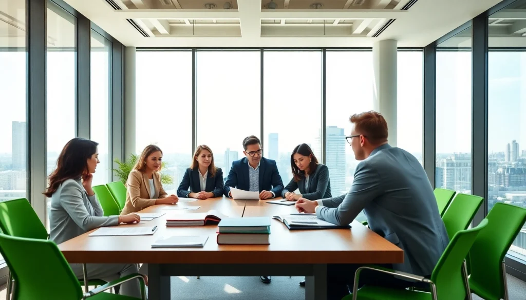 Team strategizing at an environmental law firm in a modern office.