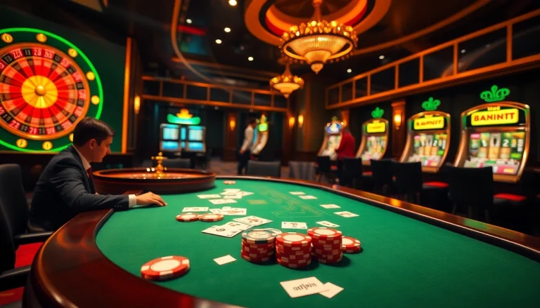 Exciting poker players strategizing at Haywin's professional casino table, with vibrant chips and cards.