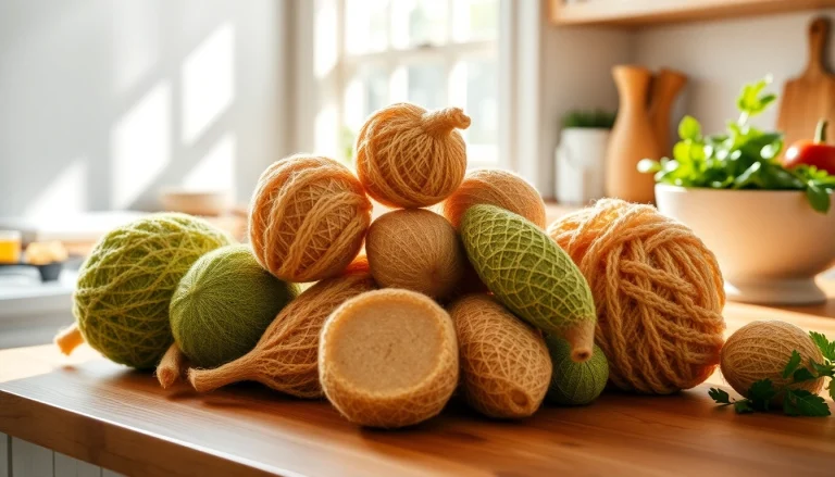 Explore kitchen loofah benefits with vibrant natural loofahs and fresh vegetables in a sunny kitchen setting.