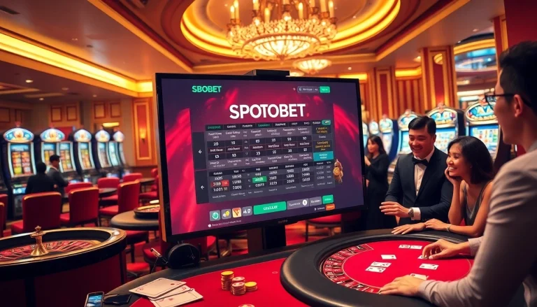 SBOBET sports betting interface amidst an upscale casino atmosphere with gamblers engaged.