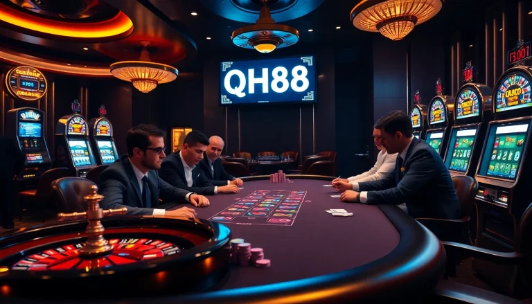 Experience the thrill of QH88 with professional gamblers at a luxurious poker table.