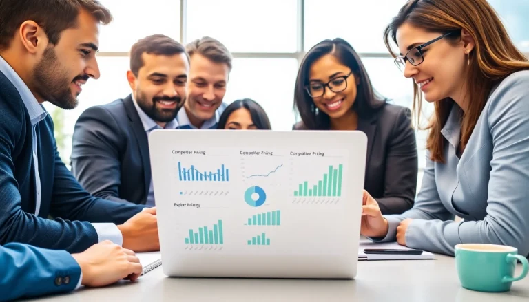 Find competitor pricing strategies with a team collaborating over charts in a bright office.