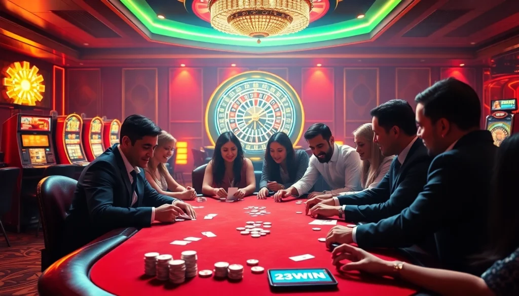 High-stakes poker table at 23wini.online casino, featuring players in an intense gaming atmosphere.
