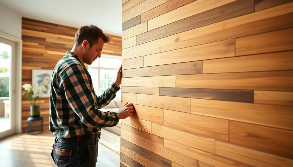 Installing wood wall planks in a modern space, showcasing craftsmanship and design.