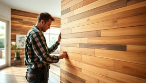 Installing wood wall planks in a modern space, showcasing craftsmanship and design.