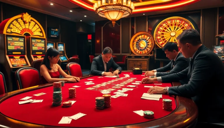 Betting excitement at a luxurious casino showcasing kèo nhà cái action with poker chips and betting slips.